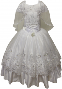 GIRLS COMMUNION DRESS W/ VIRGIN IN FRONT & DESIGN CAPE